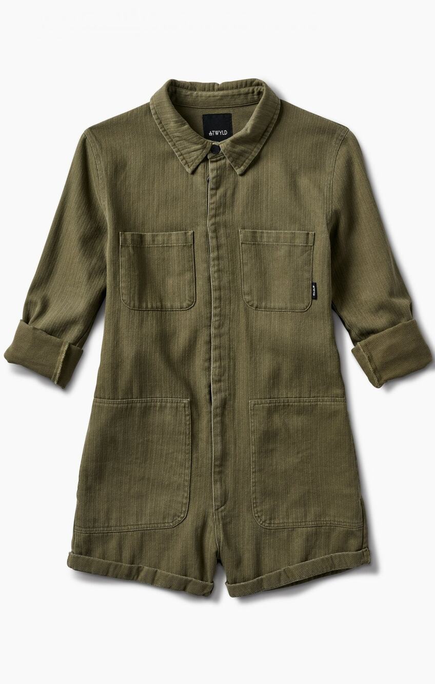 ATWYLD Utility Romper Size S Olive Green Long Sleeve Four Pocket Jumpsuit